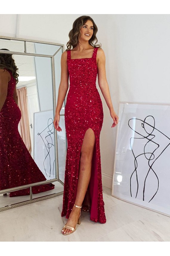 Square Neck Sleeveless Long Velvet Sequin Prom Dress with Slit UK Clearance