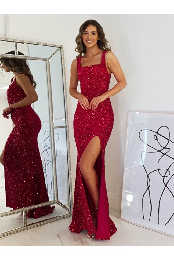 Square Neck Sleeveless Long Velvet Sequin Prom Dress with Slit UK Clearance