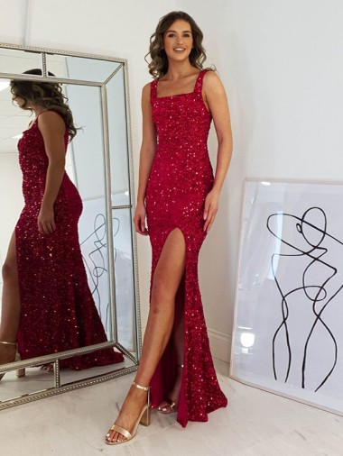 Square Neck Sleeveless Long Velvet Sequin Prom Dress with Slit UK Clearance