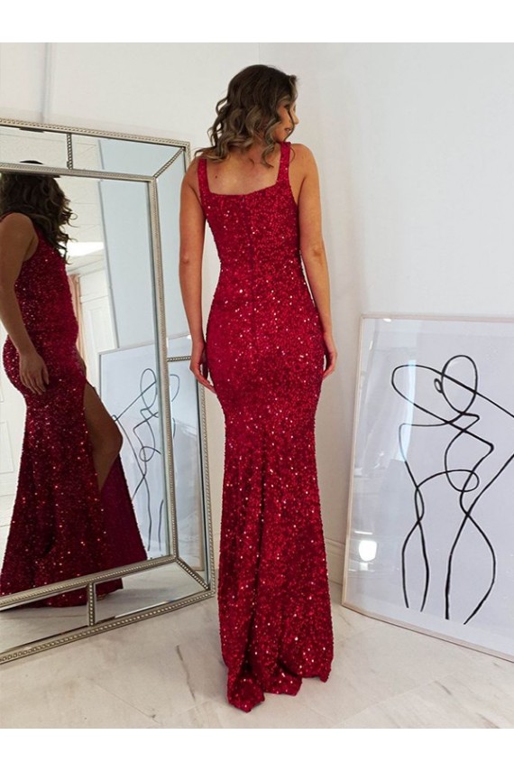 Square Neck Sleeveless Long Velvet Sequin Prom Dress with Slit UK Clearance