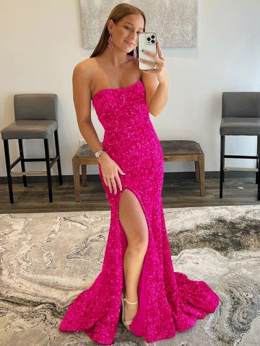 Strapless Sleeveless Long Sweep Train Velvet Sequin Prom Dress with Side Slit UK Clearance