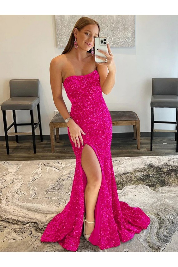 Strapless Sleeveless Long Sweep Train Velvet Sequin Prom Dress with Side Slit UK Clearance