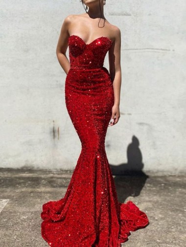 Mermaid Sweetheart Sleeveless Long Court Train Velvet Sequin Prom Dress UK Clearance