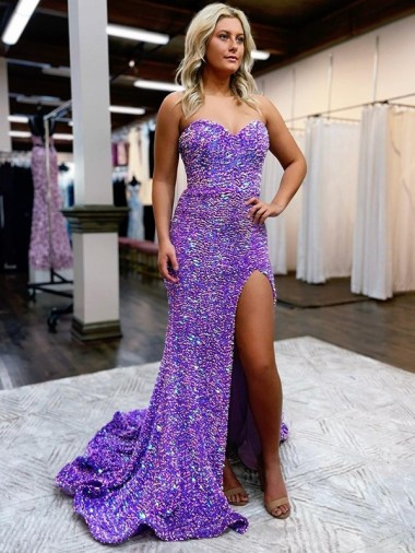 A-Line Sweetheart Sleeveless Long Velvet Sequin Prom Dress with Slit UK Clearance