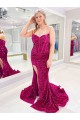 Long Sweetheart Sleeveless Sweep Train Velvet Sequin Prom Dress with Slit UK Clearance