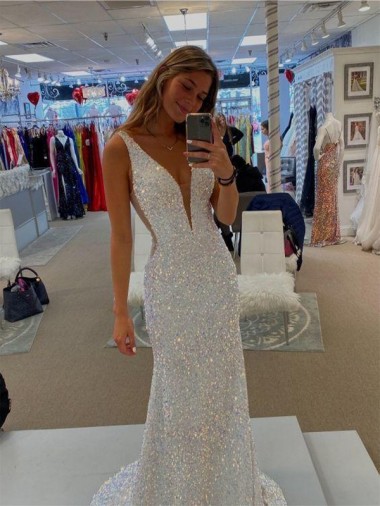 V-Neck Sleeveless Long Velvet Sequin Prom Dress with Sweep Train UK Clearance