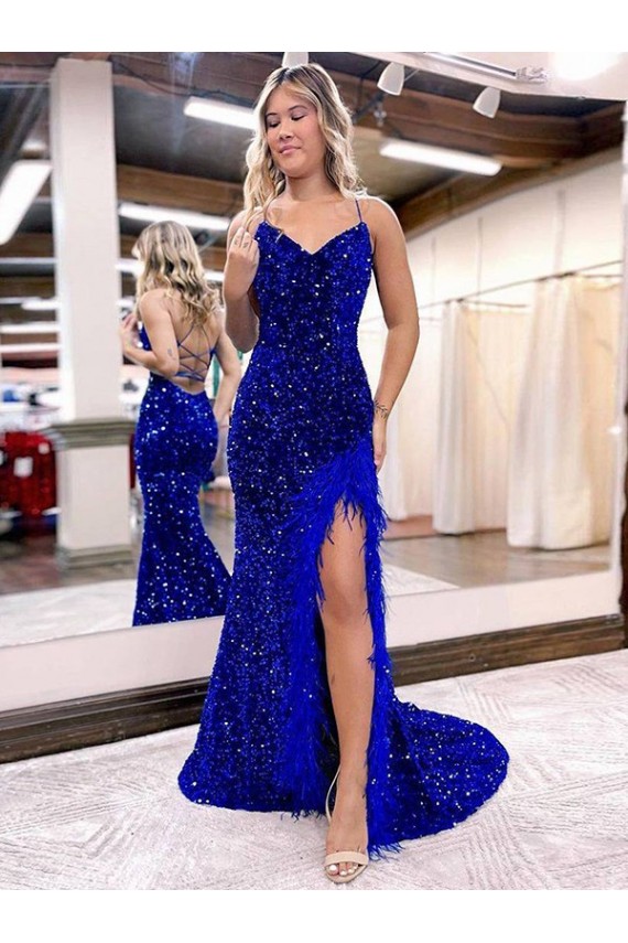 V-Neck Sleeveless Long Velvet Sequin Royal Blue Prom Dress with Side Slit UK Clearance