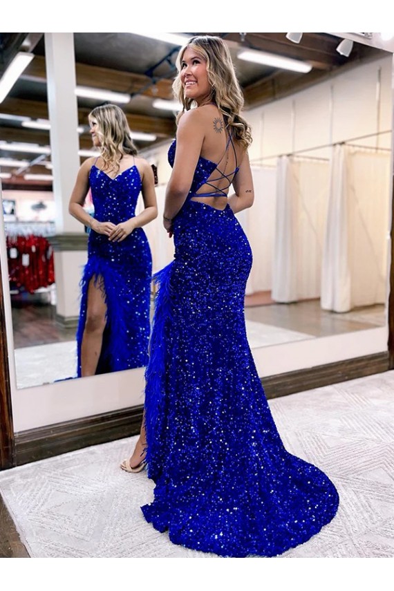 V-Neck Sleeveless Long Velvet Sequin Royal Blue Prom Dress with Side Slit UK Clearance