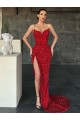 V-Neck Sleeveless Long Sweep Train Velvet Sequin Prom Dress with High Side Slit UK Clearance