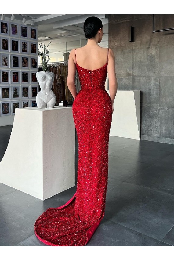 V-Neck Sleeveless Long Sweep Train Velvet Sequin Prom Dress with High Side Slit UK Clearance