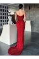 V-Neck Sleeveless Long Sweep Train Velvet Sequin Prom Dress with High Side Slit UK Clearance