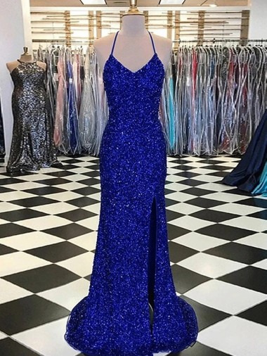 V-Neck Sleeveless Long Velvet Sequin Prom Dress UK Clearance