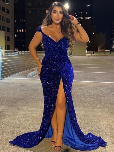 V-Neck Sleeveless Long Sweep Train Velvet Sequin Prom Dress with Slit UK Clearance