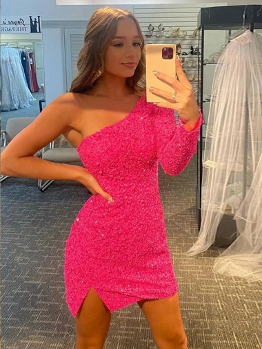 Short Velvet Sequin One Shoulder Long Sleeves Prom Dress UK Clearance