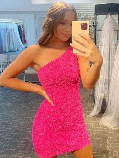 Short One Shoulder Sleeveless Velvet Sequin Prom Dress UK Clearance