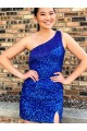 One Shoulder Sleeveless Short Velvet Sequin Royal Blue Prom Dress UK Clearance