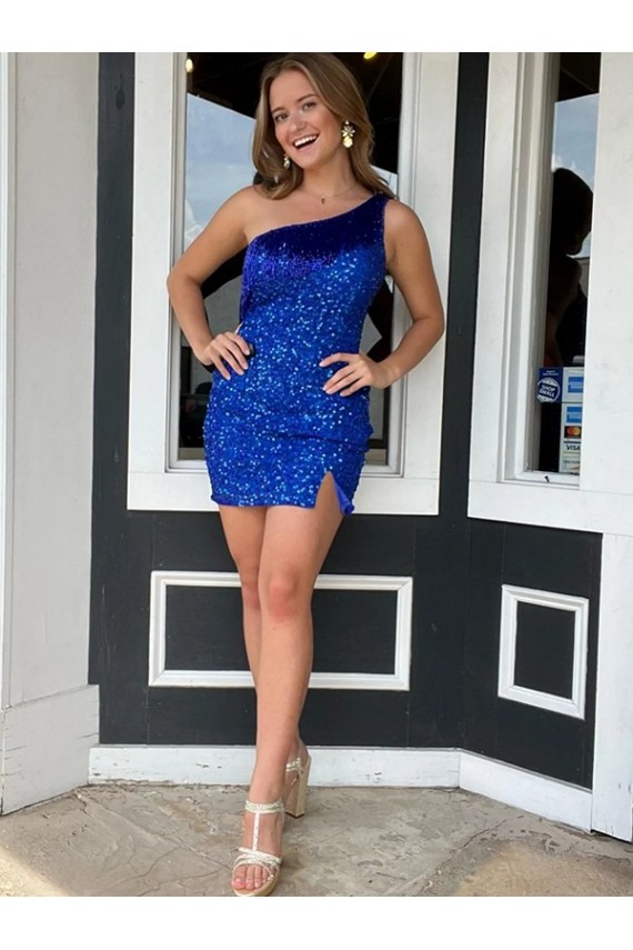 One Shoulder Sleeveless Short Velvet Sequin Royal Blue Prom Dress UK Clearance