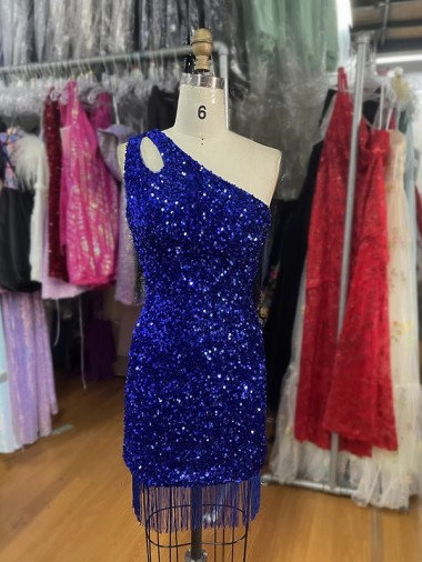 One Shoulder Keyhole Sleeveless Short Velvet Sequin Prom Dress UK Clearance