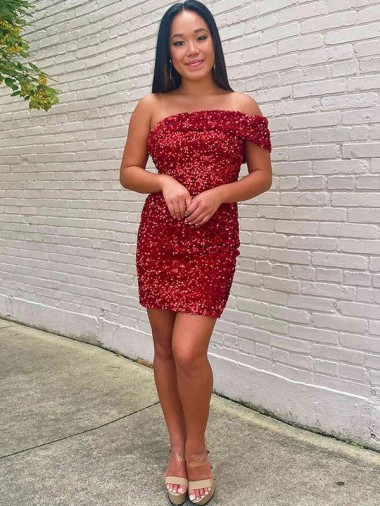 Short One Shoulder Sleeveless Velvet Sequin Cocktail Prom Dress UK Clearance