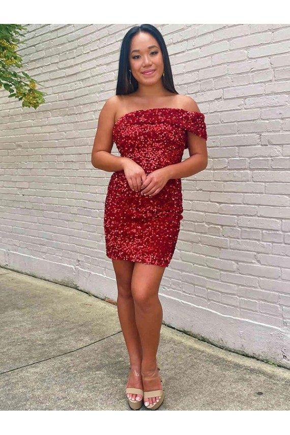 Short One Shoulder Sleeveless Velvet Sequin Cocktail Prom Dress UK Clearance