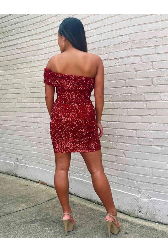 Short One Shoulder Sleeveless Velvet Sequin Cocktail Prom Dress UK Clearance