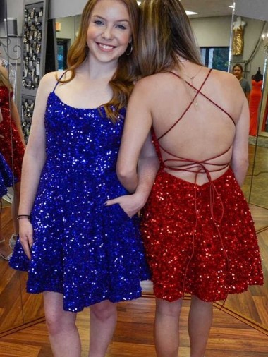 A-Line Spaghetti Straps Sleeveless Short Velvet Sequin Prom Dress UK Clearance