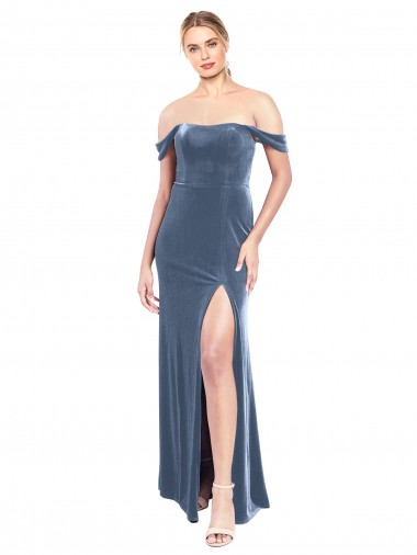 Draped Sleeves Wide Scoop Neck Off the Shoulder Velvet Prom Dress UK Clearance