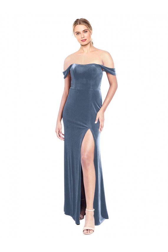 Draped Sleeves Wide Scoop Neck Off the Shoulder Velvet Prom Dress UK Clearance