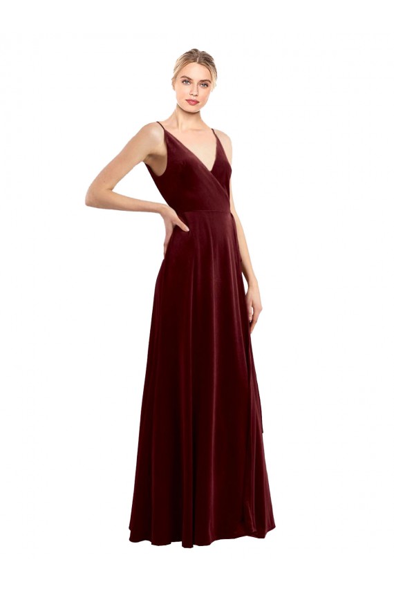 Faux Wrap V-Neck Sleek Long Velvet Prom Dress UK Clearance