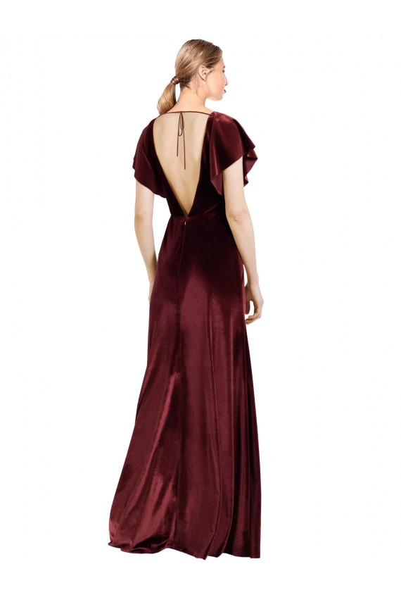 Flutter Sleeves Open Back Long Velvet Prom Dress UK Clearance