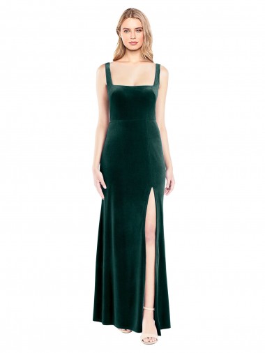 Square Neck Full Length Velvet Prom Dress with Side Slit UK Clearance