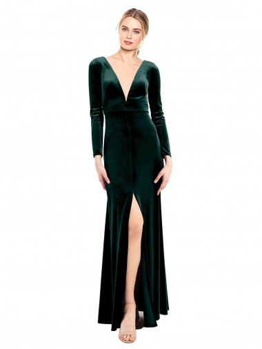 Plunging V-Neckline Long Sleeves Open Back Velvet Prom Dress UK Clearance