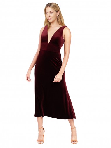 Daring Plunging V-Neckline Short Midi Length Velvet Cocktail Prom Dress / Homecoming Dress UK Clearance