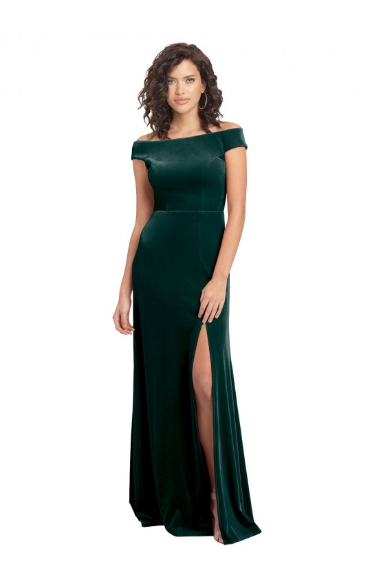 Floor Length Cap Sleeves Long Velvet Prom Dress with High Side Slit UK Clearance