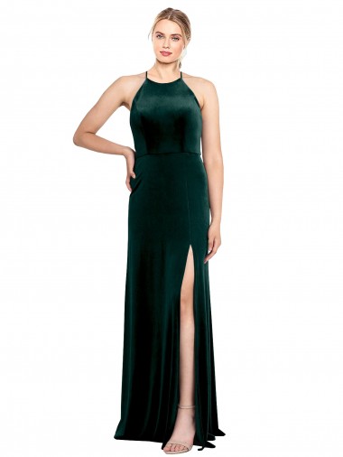 Long Jewel Neck Full Length Velvet Prom Dress with Side Slit UK Clearance