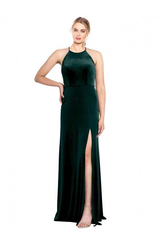 Long Jewel Neck Full Length Velvet Prom Dress with Side Slit UK Clearance