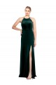 Long Jewel Neck Full Length Velvet Prom Dress with Side Slit UK Clearance