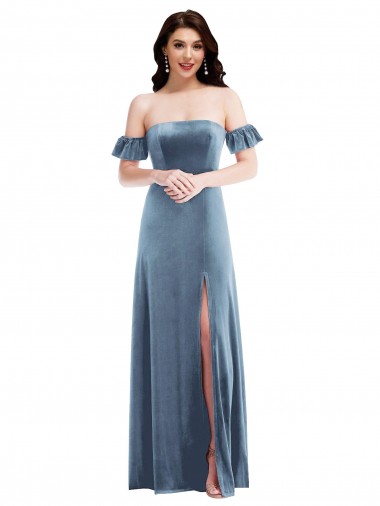 Ruffle Sleeve Off the Shoulder Velvet Maxi Prom Dress UK Clearance