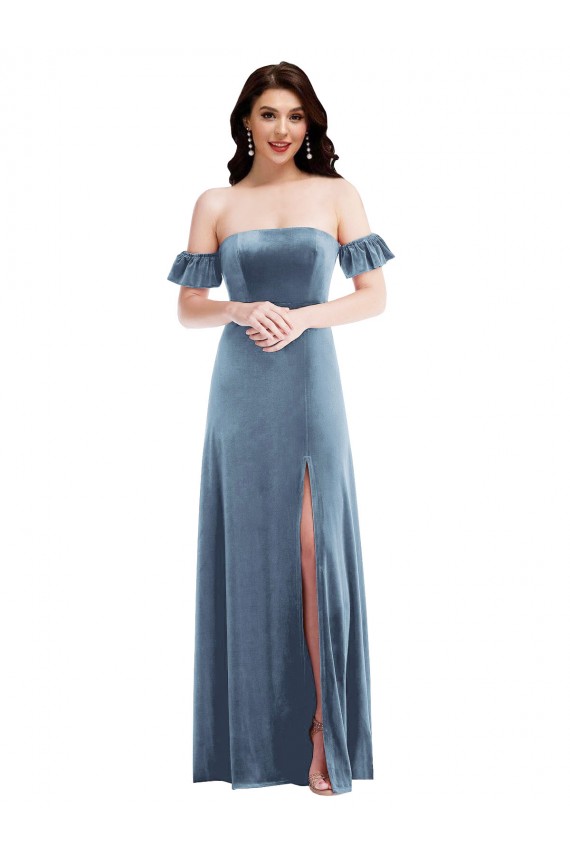 Ruffle Sleeve Off the Shoulder Velvet Maxi Prom Dress UK Clearance