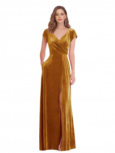 Cap Sleeve Faux Wrap Velvet Maxi Prom Dress with Pockets UK Clearance