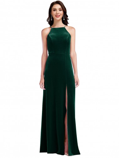 Velvet Halter Maxi Prom Dress with Front Slit & Pockets UK Clearance