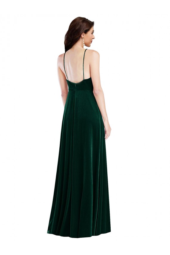 Velvet Halter Maxi Prom Dress with Front Slit & Pockets UK Clearance