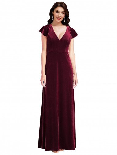 Flutter Sleeve Velvet Maxi Prom Dress with Pockets UK Clearance