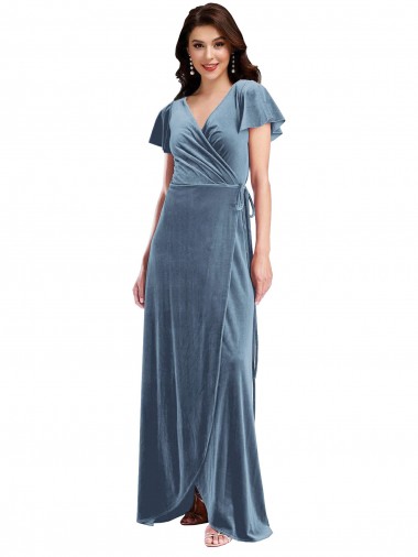 Flutter Sleeve Velvet Wrap Maxi Prom Dress with Pockets UK Clearance