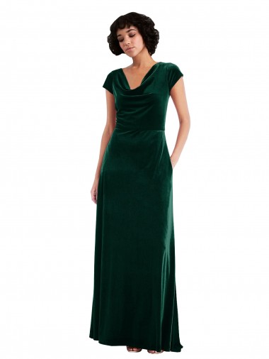 Cowl Neck Cap Sleeve Velvet Maxi Prom Dress with Pockets UK Clearance