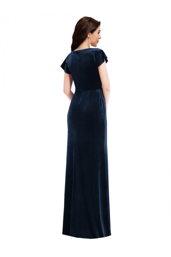 Flutter Sleeve Wrap Bodice Velvet Maxi Prom Dress with Pockets UK Clearance