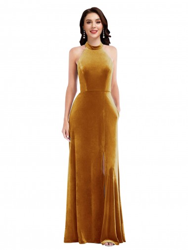 High-Neck Halter Velvet Maxi Prom Dress with Front Slit UK Clearance