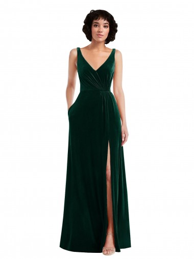 Floor Length Velvet Maxi Prom Dress with Shirred Bodice and Front Slit UK Clearance