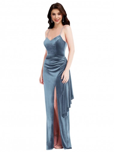 Spaghetti Strap Velvet Maxi Prom Dress with Draped Skirt UK Clearance