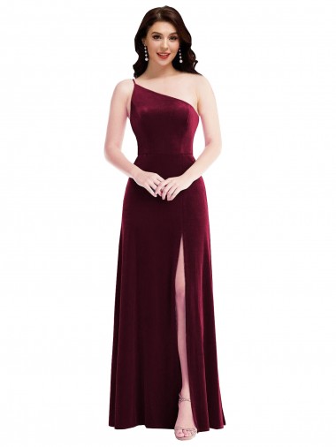 One Shoulder Spaghetti Strap Velvet Maxi Prom Dress with Pockets UK Clearance